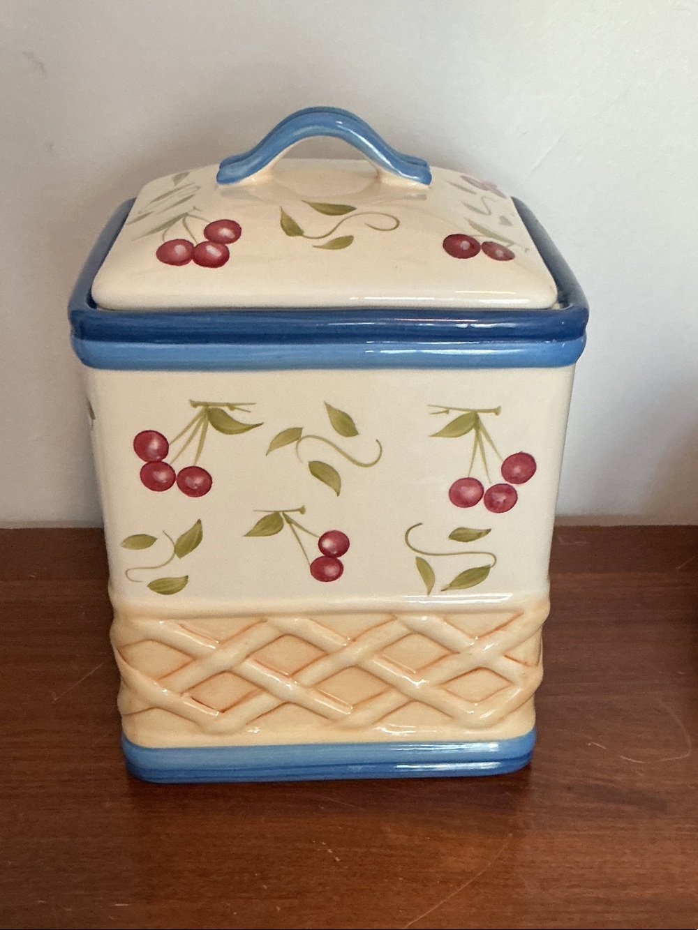 Ceramic Cherry Pattern Food Storage Canister - Blue Trim
